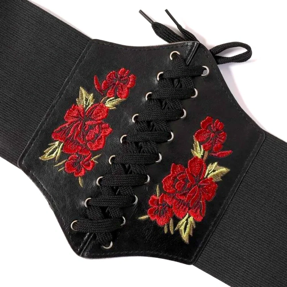 Sexy Plus Size Rose Corset Belt 1X 2X Embroidery Lace Up Helps Conceal Waist
